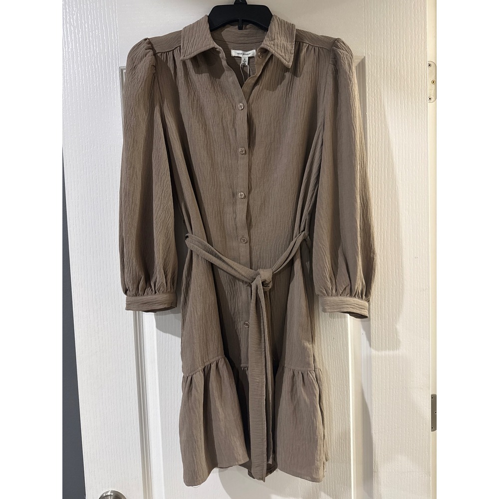 Max Studio Taupe Crinkle Button Down Shirt Dress Puff Sleeve Tiered Ruffle Small